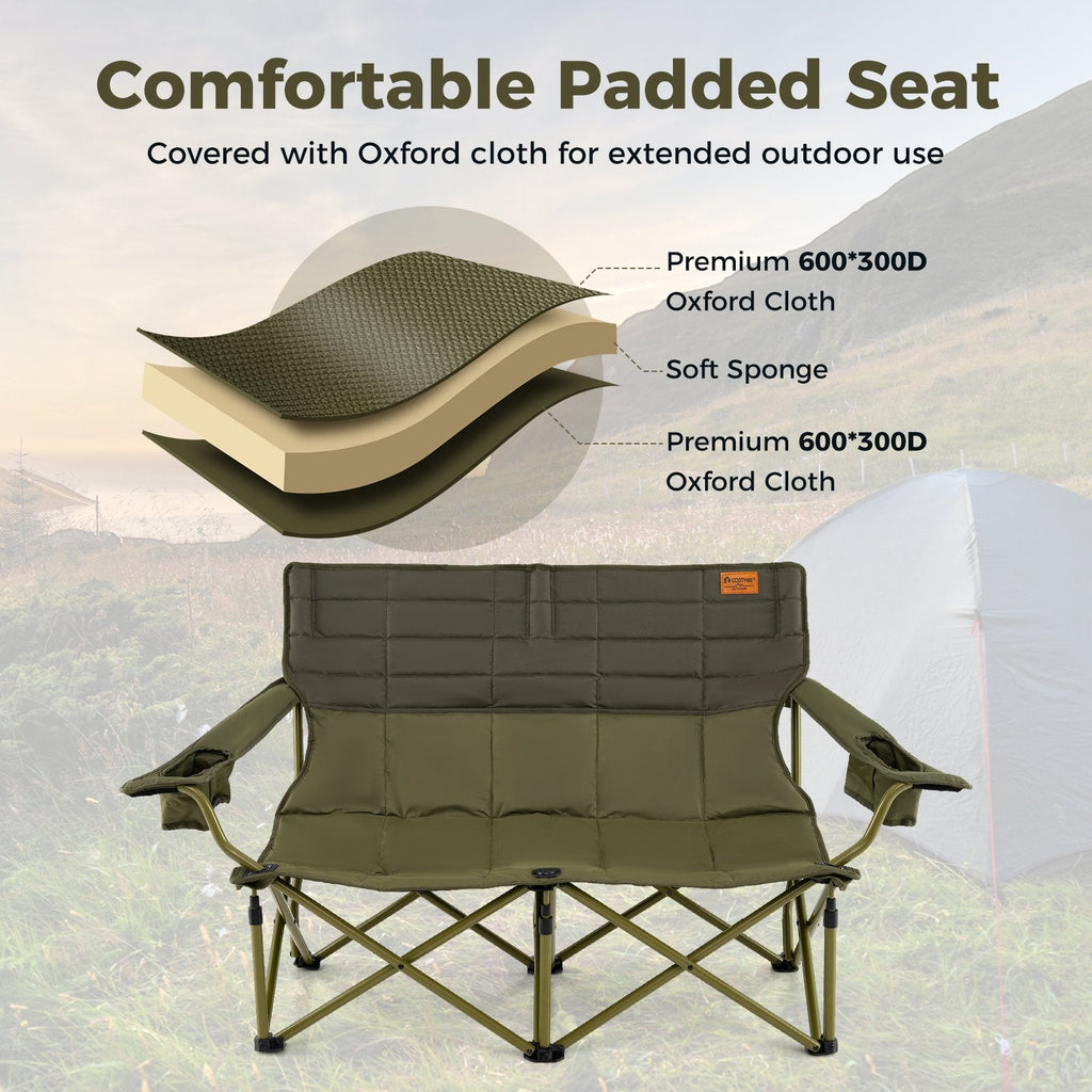 Oversized Camping Chair Folding Loveseat Camping Couch with Cup Holders & Thick Padding-Green