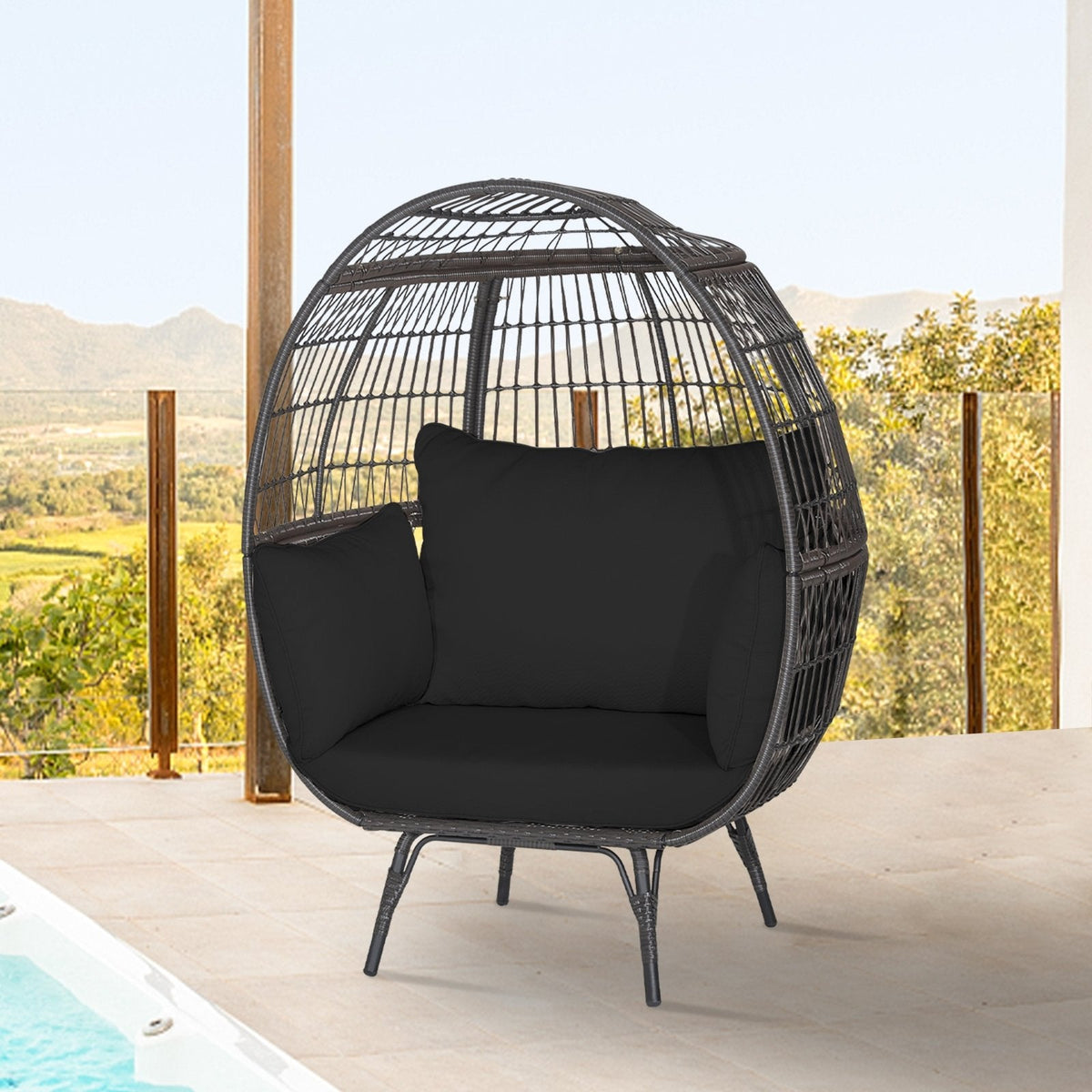 Oversized Wicker Egg Lounge Chair with 4 Cushions and 450 lb Capacity, Black