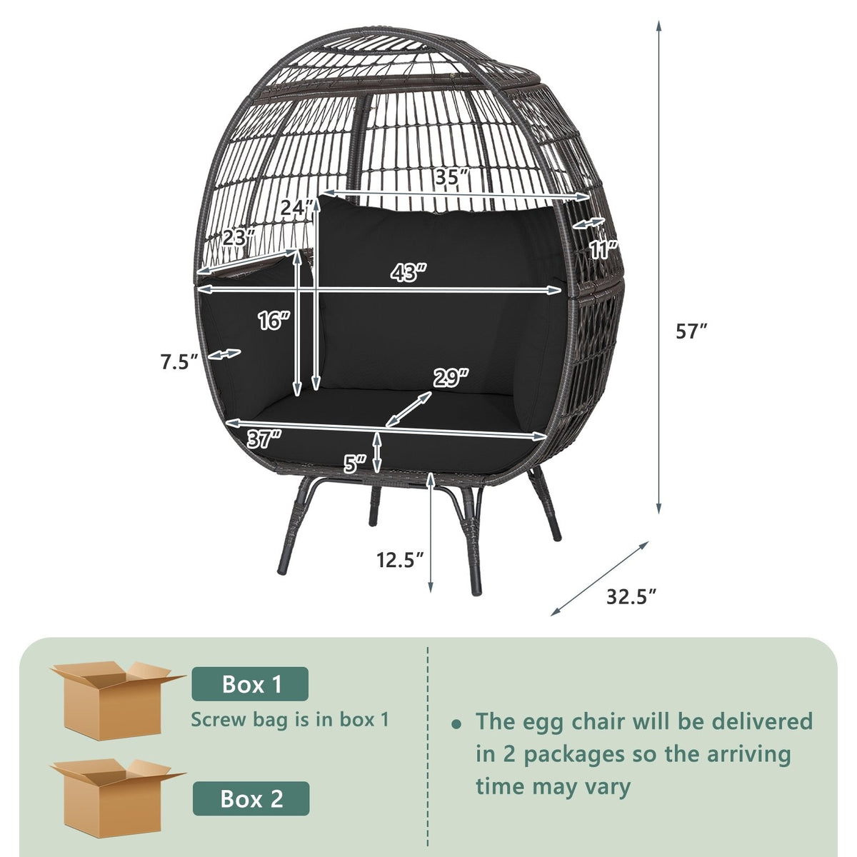 Oversized Wicker Egg Lounge Chair with 4 Cushions and 450 lb Capacity, Black