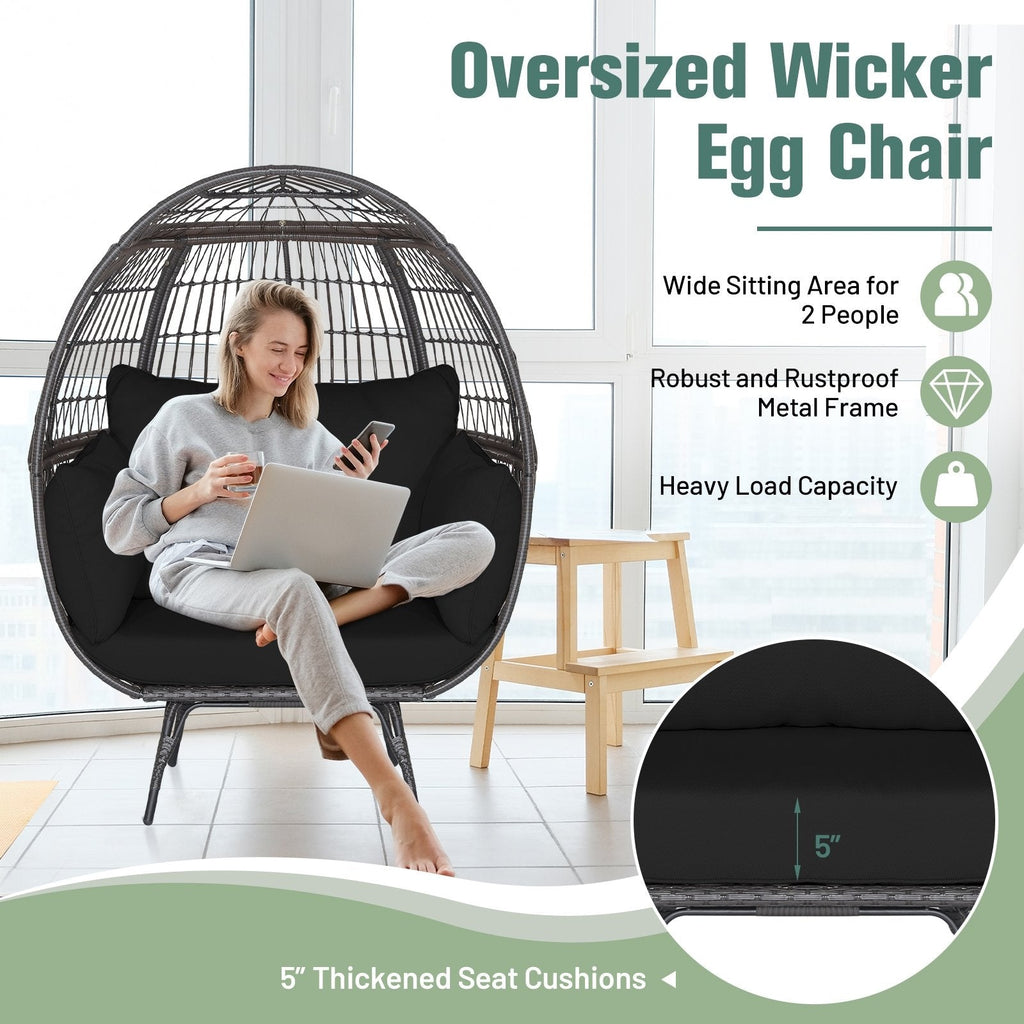 Oversized Wicker Egg Lounge Chair with 4 Cushions and 450 lb Capacity, Black