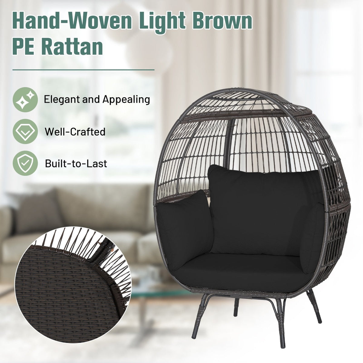 Oversized Wicker Egg Lounge Chair with 4 Cushions and 450 lb Capacity, Black