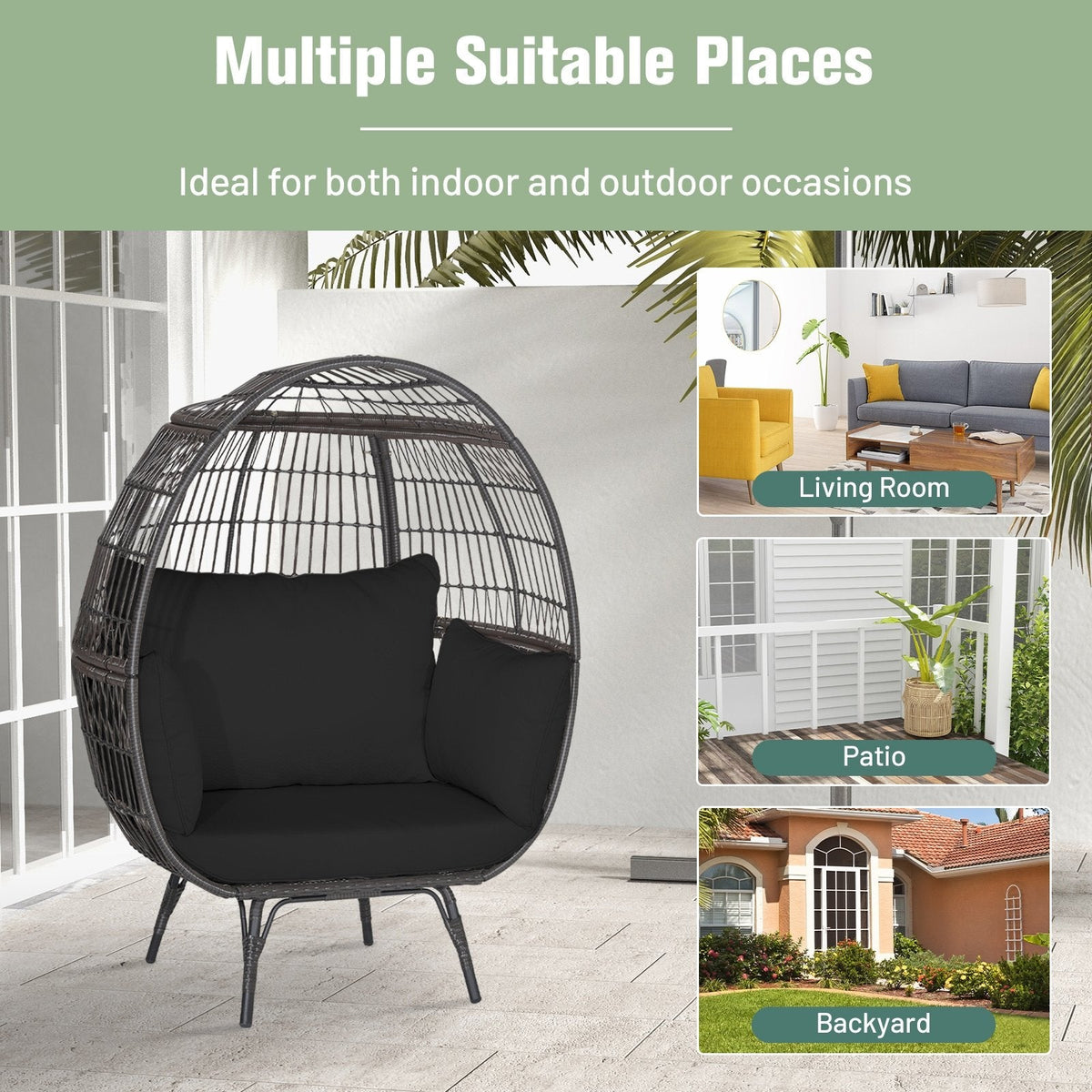 Oversized Wicker Egg Lounge Chair with 4 Cushions and 450 lb Capacity, Black