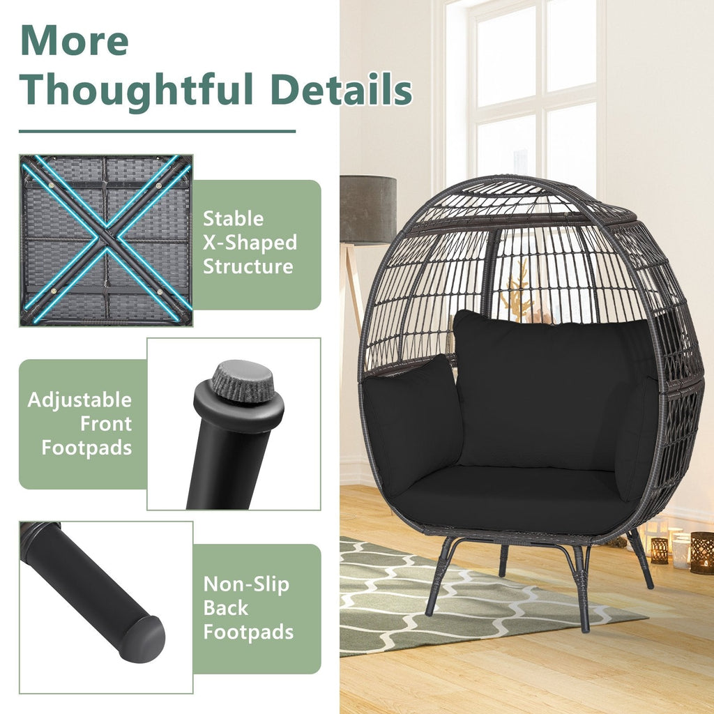 Oversized Wicker Egg Lounge Chair with 4 Cushions and 450 lb Capacity, Black