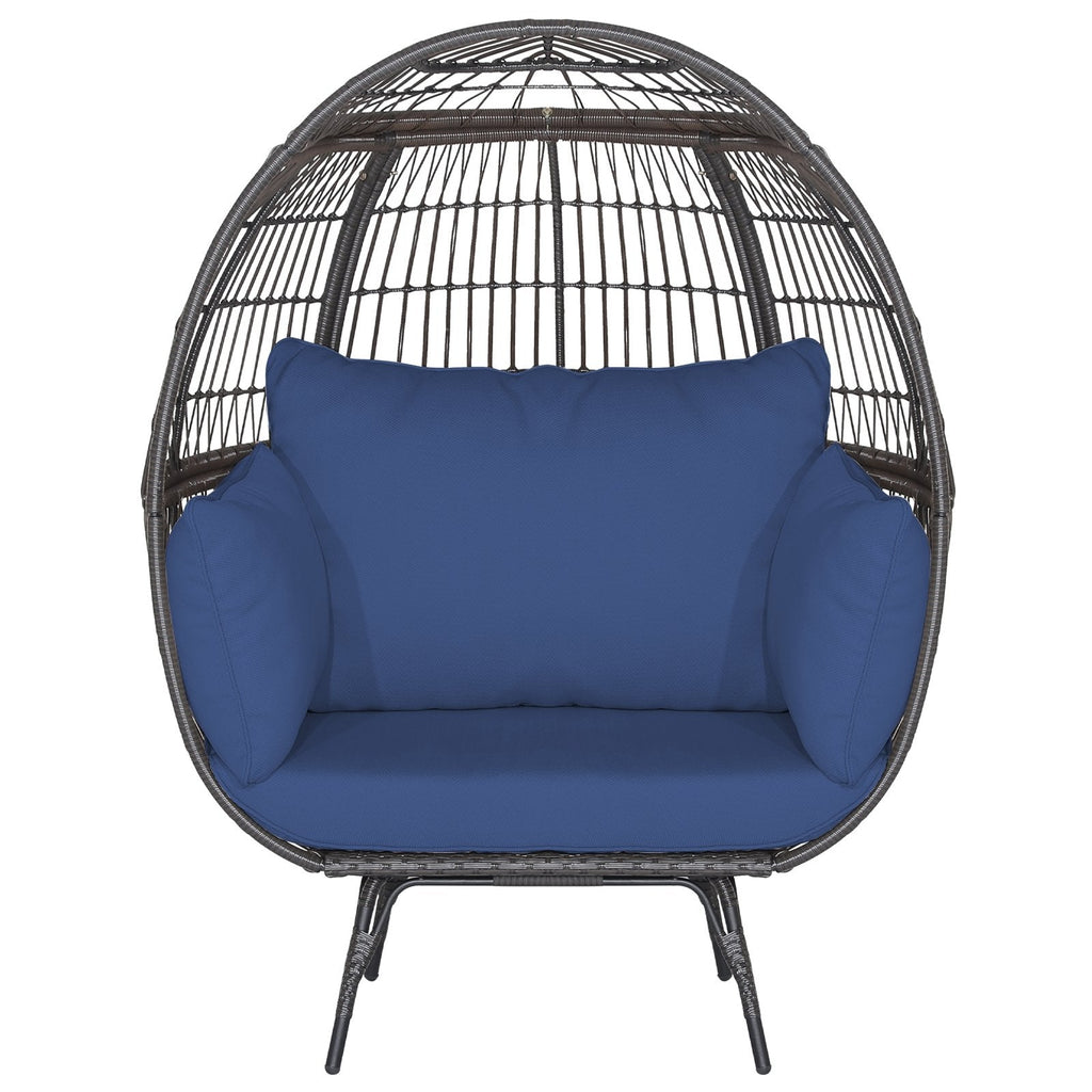 Oversized Wicker Egg Lounge Chair with 4 Navy Cushions, 57 in Tall