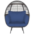 Oversized Wicker Egg Lounge Chair with 4 Navy Cushions, 57 in Tall