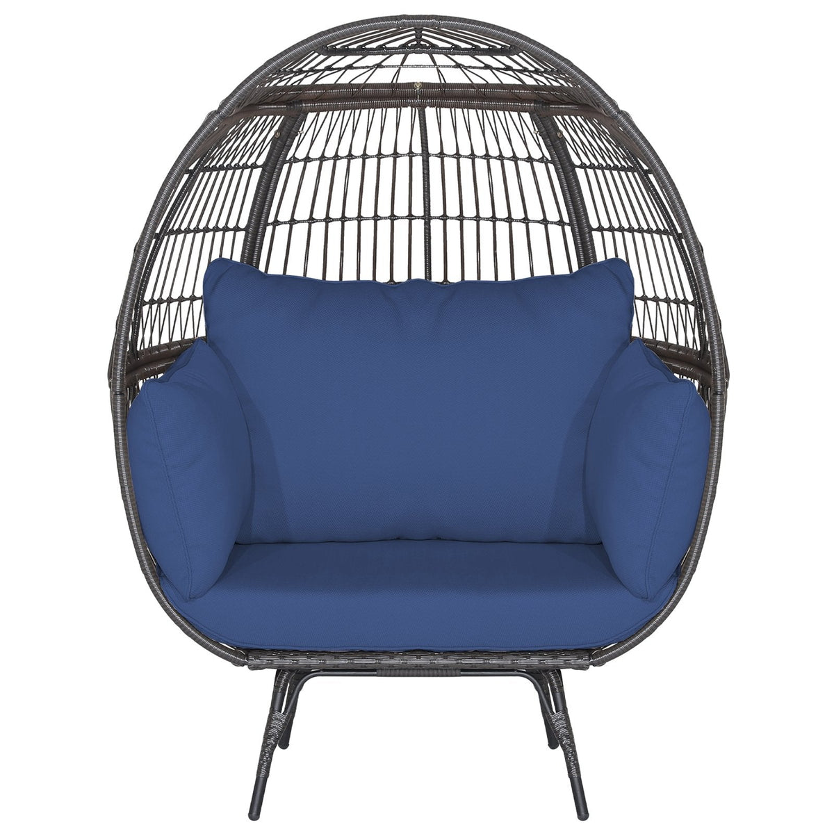 Oversized Wicker Egg Lounge Chair with 4 Navy Cushions, 57 in Tall