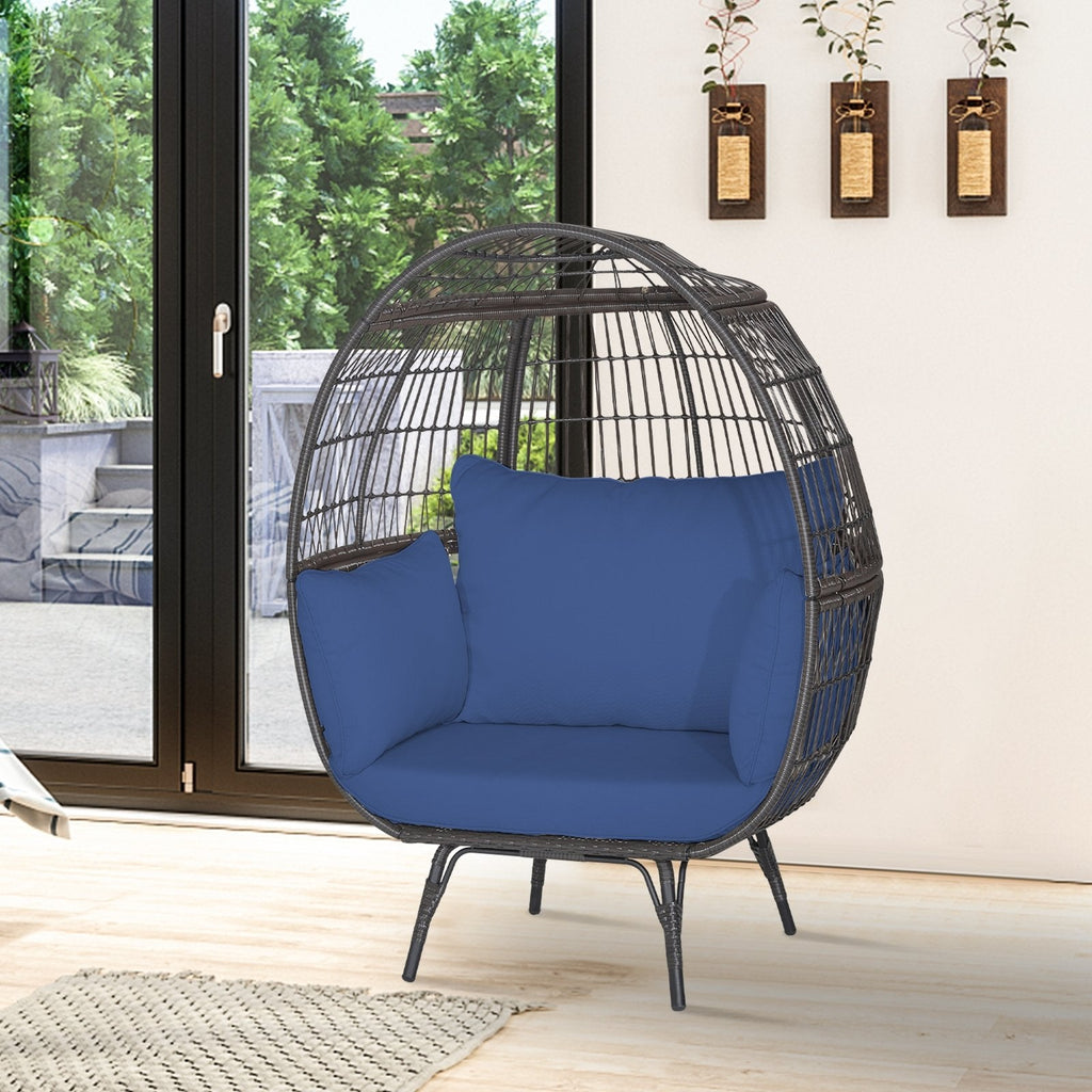 Oversized Wicker Egg Lounge Chair with 4 Navy Cushions, 57 in Tall