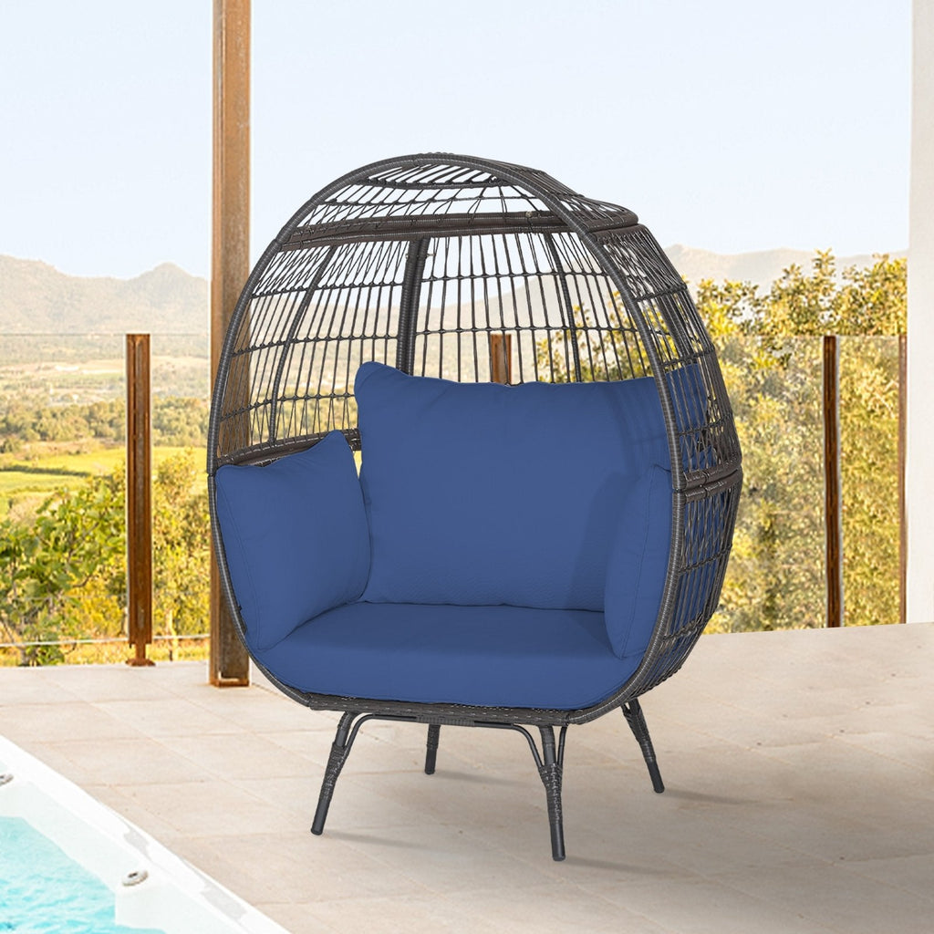 Oversized Wicker Egg Lounge Chair with 4 Navy Cushions, 57 in Tall
