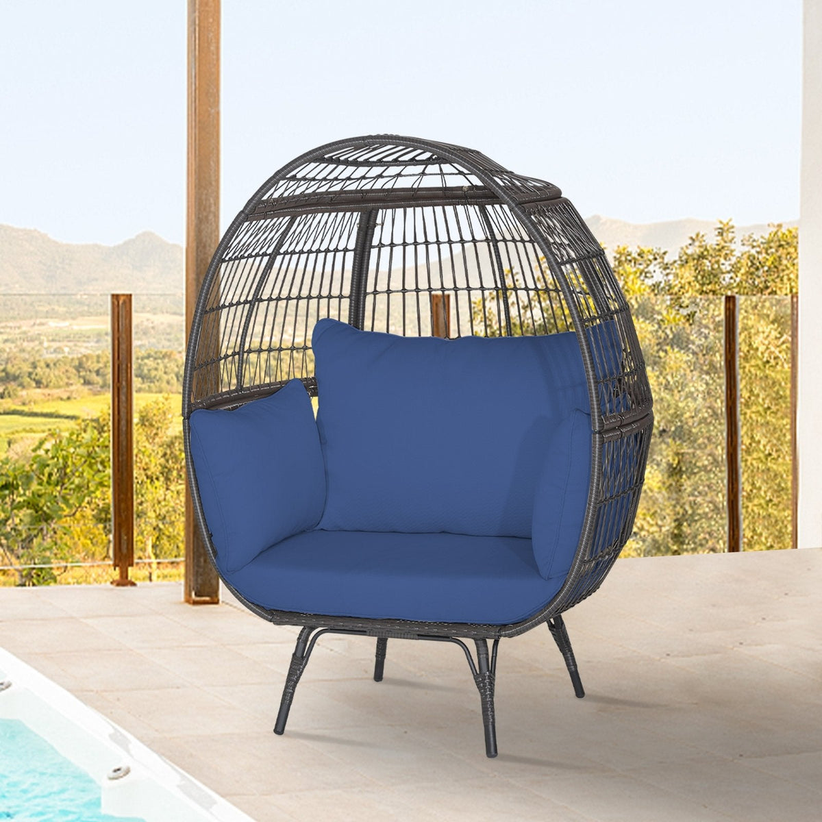 Oversized Wicker Egg Lounge Chair with 4 Navy Cushions, 57 in Tall