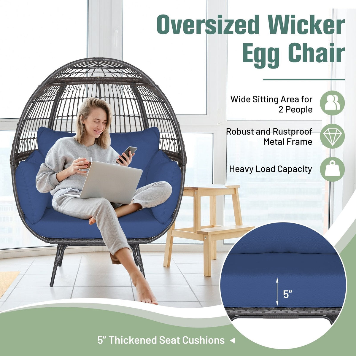 Oversized Wicker Egg Lounge Chair with 4 Navy Cushions, 57 in Tall