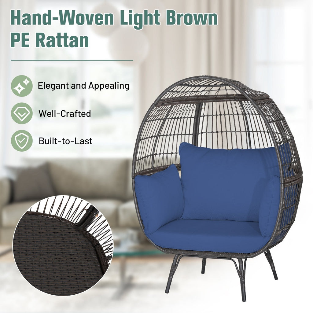 Oversized Wicker Egg Lounge Chair with 4 Navy Cushions, 57 in Tall
