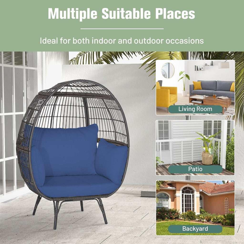 Oversized Wicker Egg Lounge Chair with 4 Navy Cushions, 57 in Tall