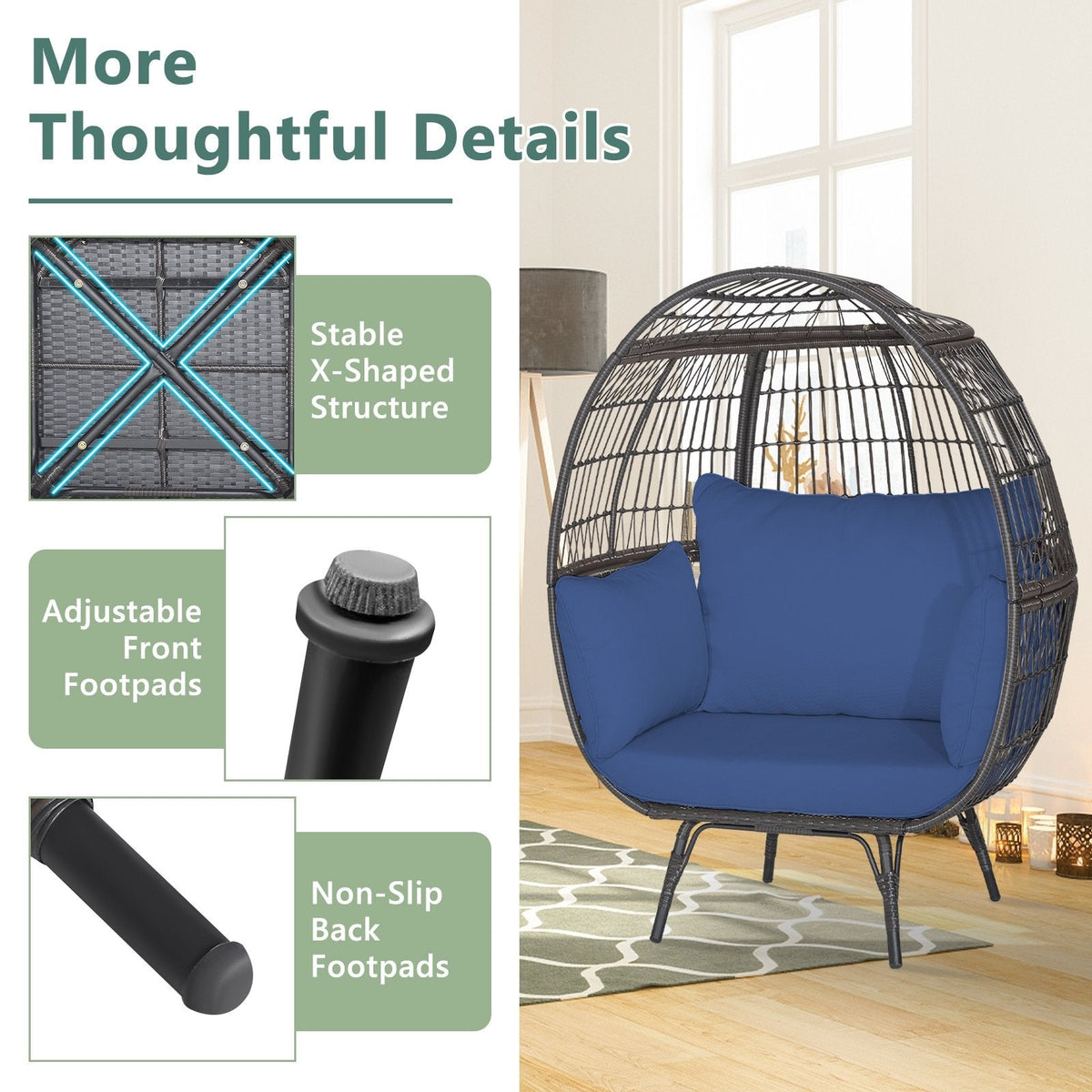 Oversized Wicker Egg Lounge Chair with 4 Navy Cushions, 57 in Tall