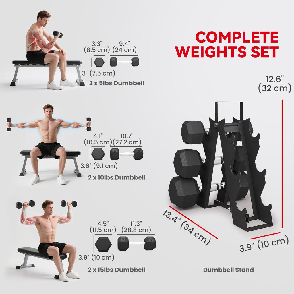 60 LBS Hex Dumbbell Set with Rack, Rubber Coated Weights with Non-Slip Handles for Home Gym Strength Training