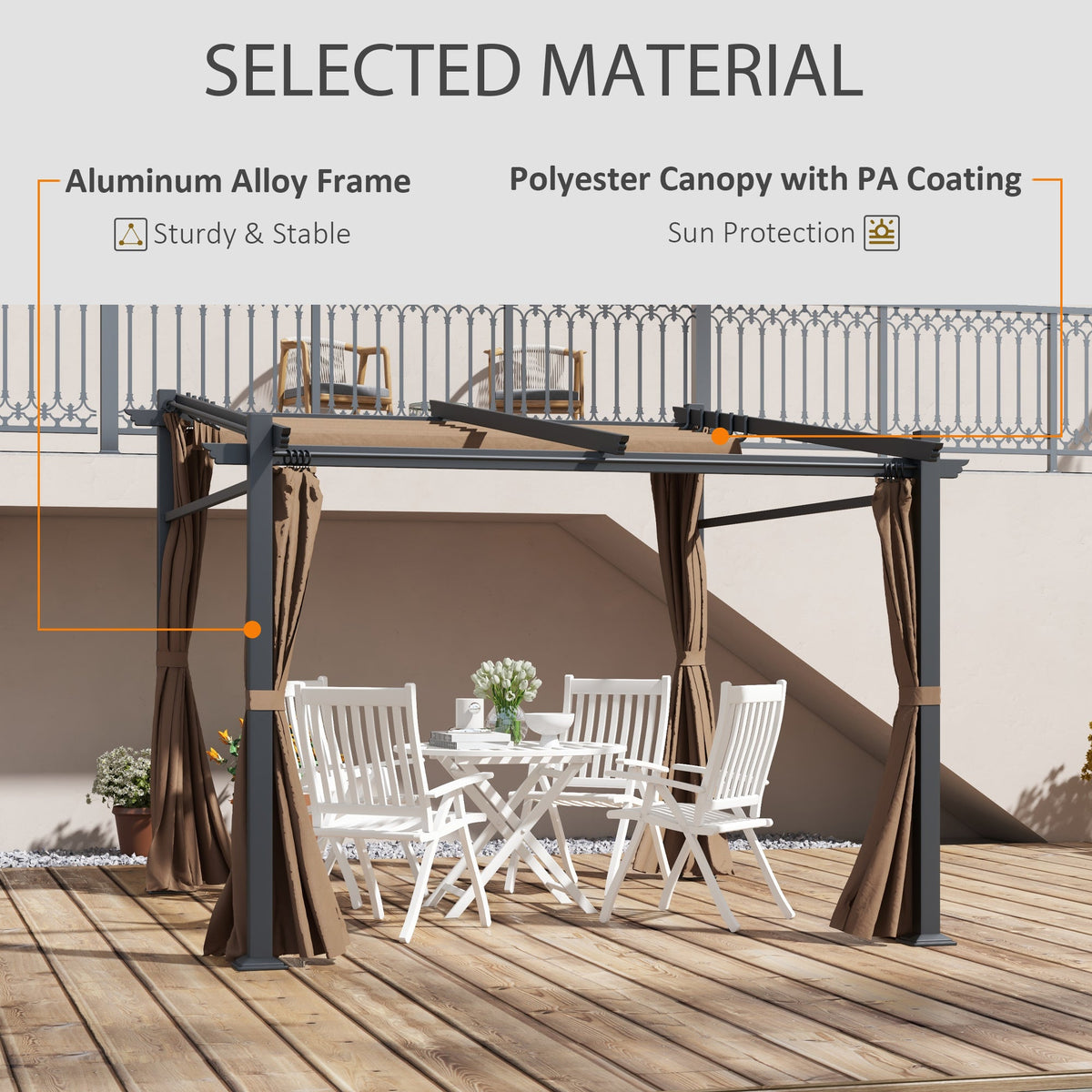 Metal Pergola with Sliding Roof Canopy, Retractable Pergola Canopy, 10' x 10', Beige
