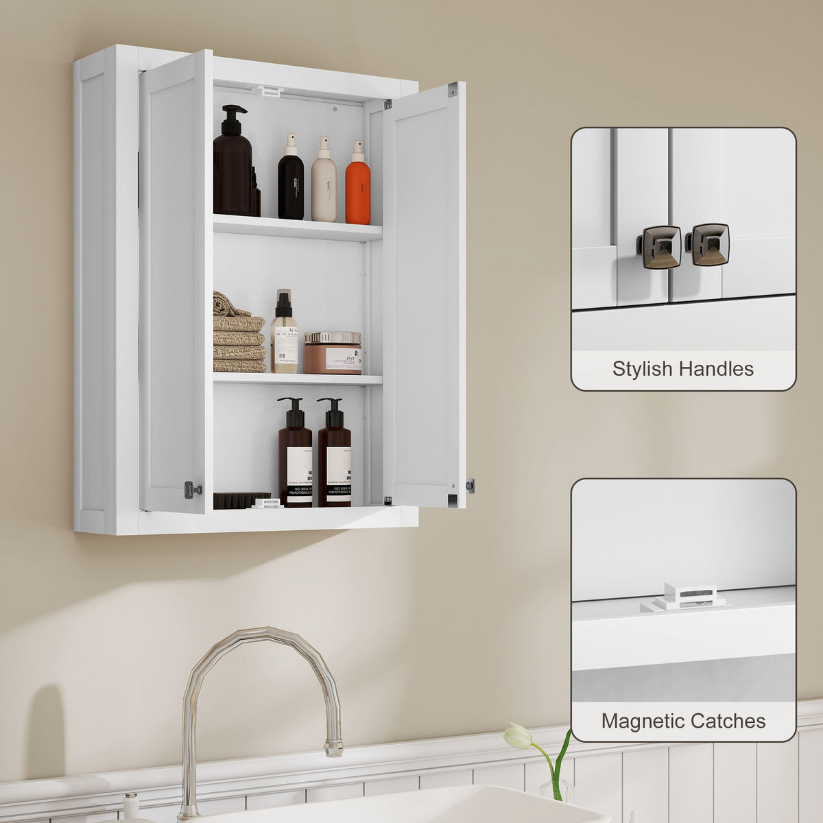 Bathroom Cabinet Wall Mounted, Modern Bathroom Wall Cabinet with 2 Doors and 2 Adjustable Shelves, White