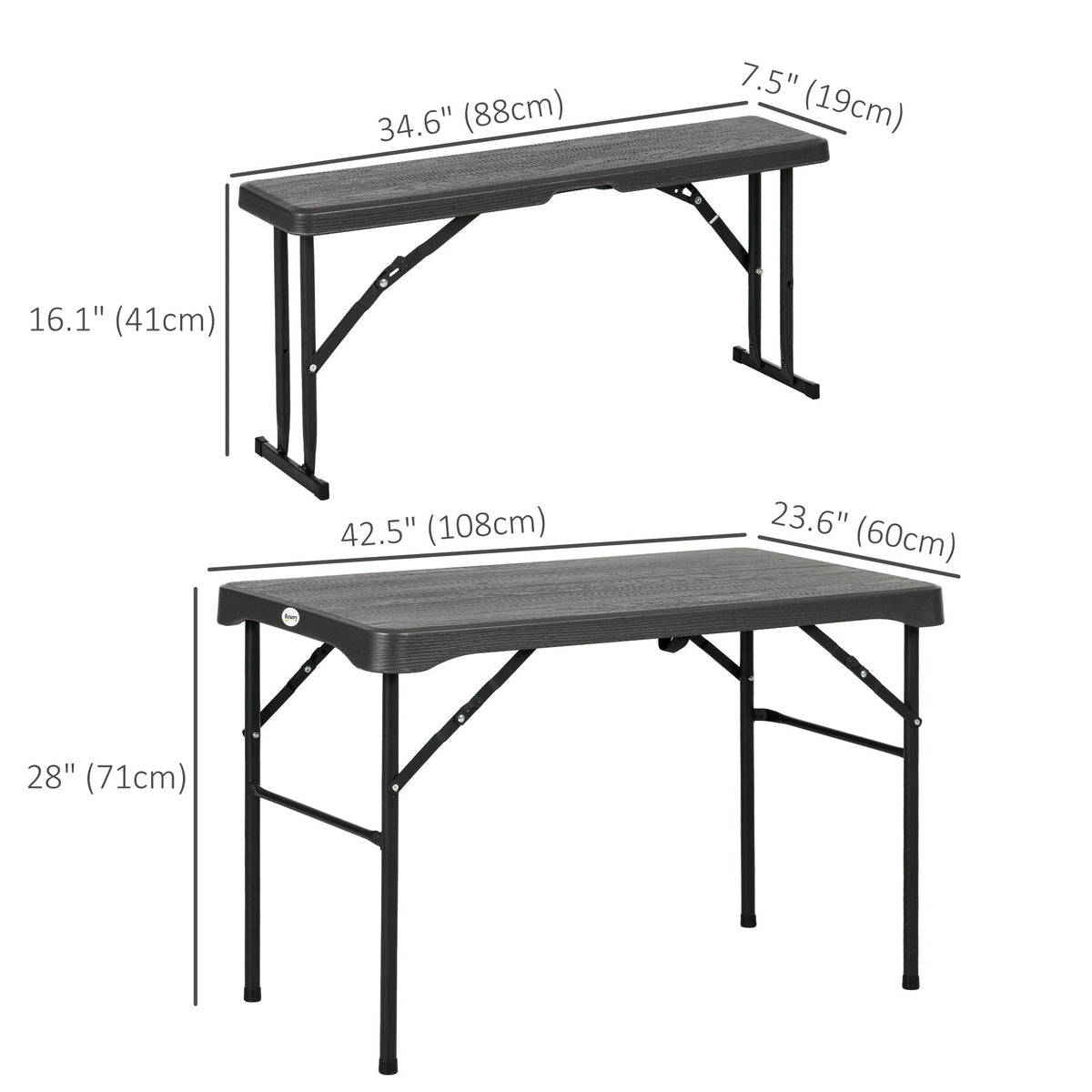 Folding Picnic Table with 2 Benches, 3-Piece Portable Outdoor Picnic Table Bench Set for 4, Patio Dining Table Set with Plastic Top, Steel Frame for Garden, Dark Grey