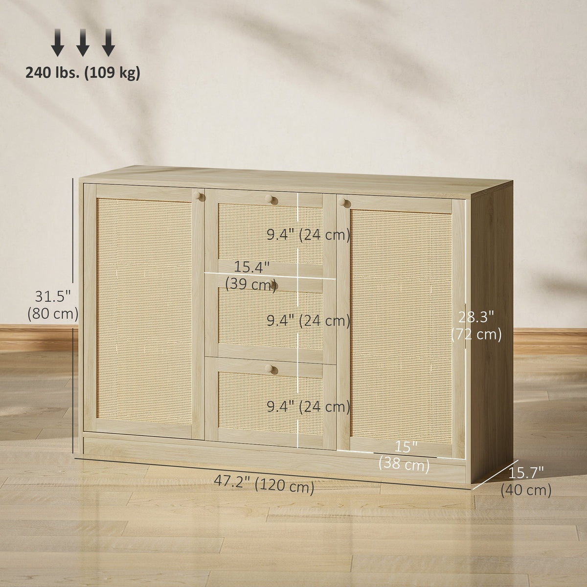 Boho Sideboard Buffet Cabinet, Kitchen Coffee Bar Cabinet with 3 Drawers, 2 Adjustable Shelves and 4 Racks, Natural