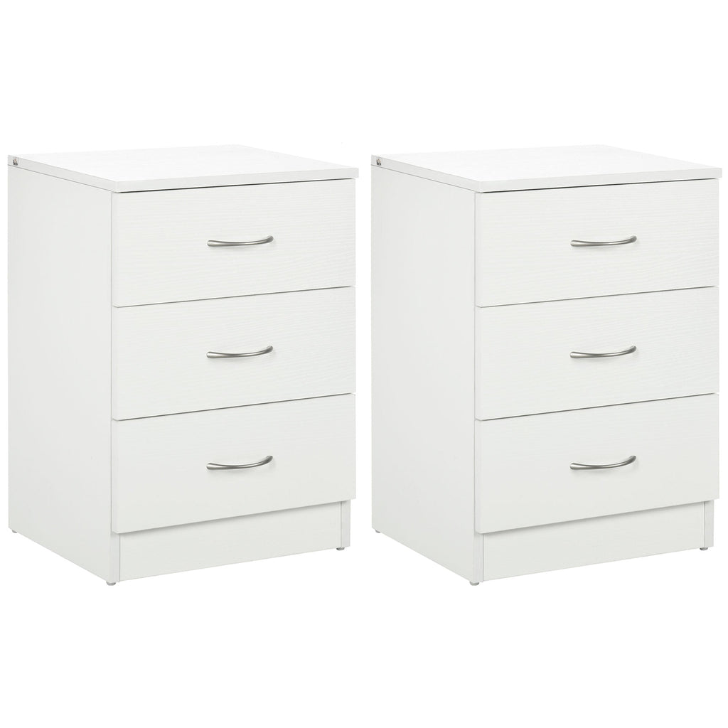 Bedside Table with 3 Drawers, Modern Wood Nightstand, Side Table with Anti-tipping Design for Bedroom, Set of 2, White