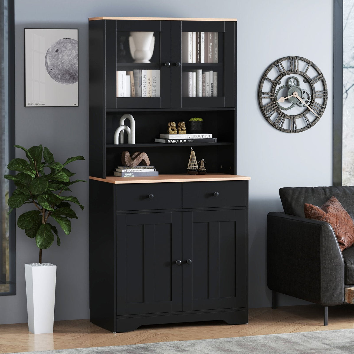 Pantry Cabinet with 2 Removable Shelves-Black