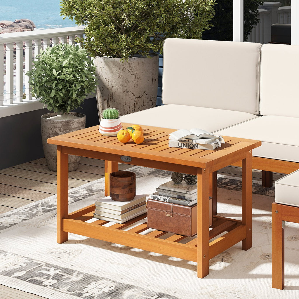Patio Acacia Wood Coffee Table 2-Tier Rectangular Center Table