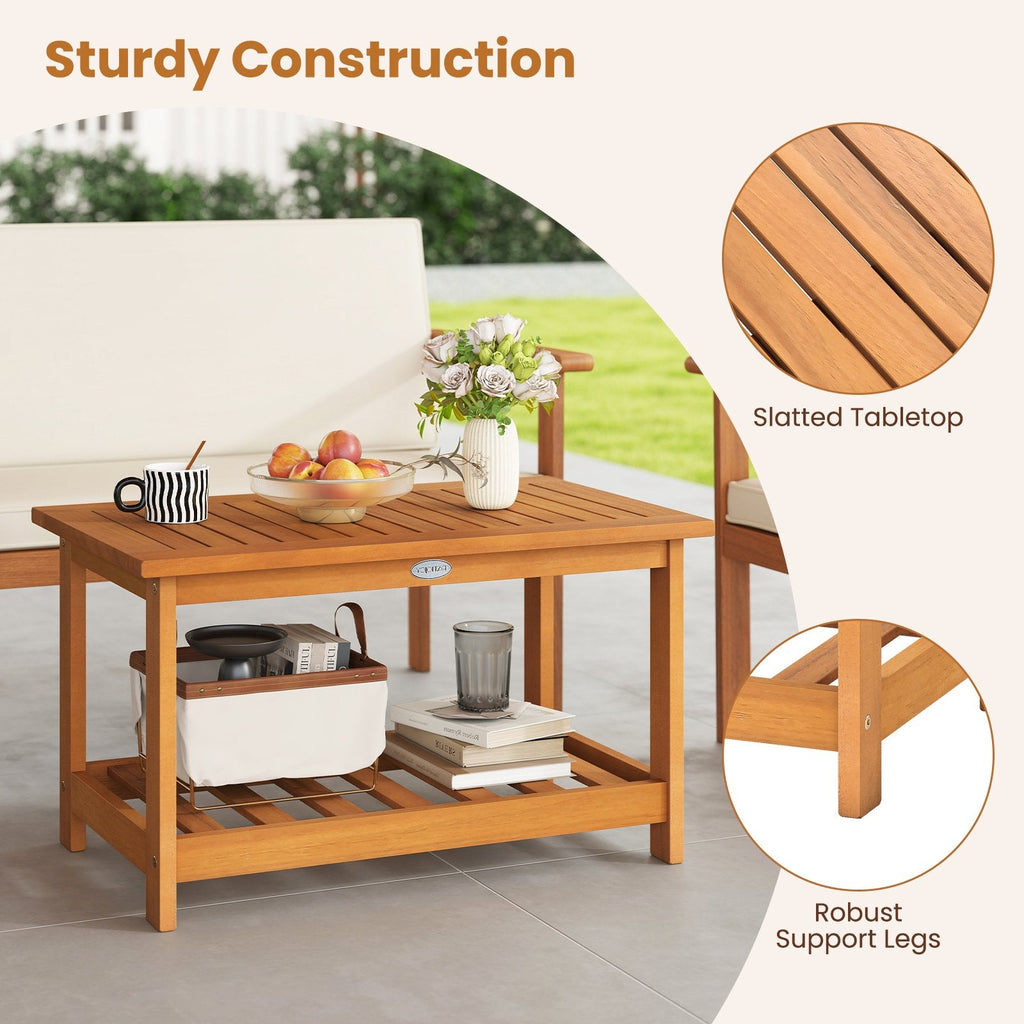 Patio Acacia Wood Coffee Table 2-Tier Rectangular Center Table
