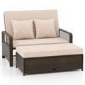 Adjustable Wicker Daybed with 4 Level Backrest and Multi Use Ottoman, Beige