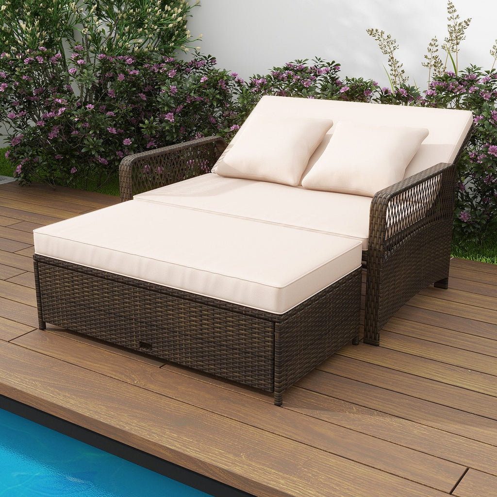 Adjustable Wicker Daybed with 4 Level Backrest and Multi Use Ottoman, Beige