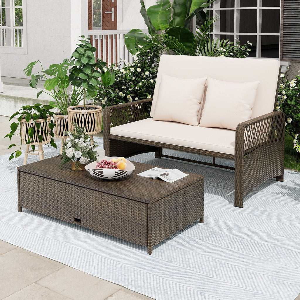 Adjustable Wicker Daybed with 4 Level Backrest and Multi Use Ottoman, Beige