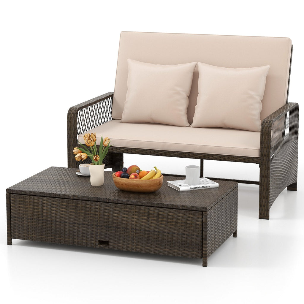 Adjustable Wicker Daybed with 4 Level Backrest and Multi Use Ottoman, Beige