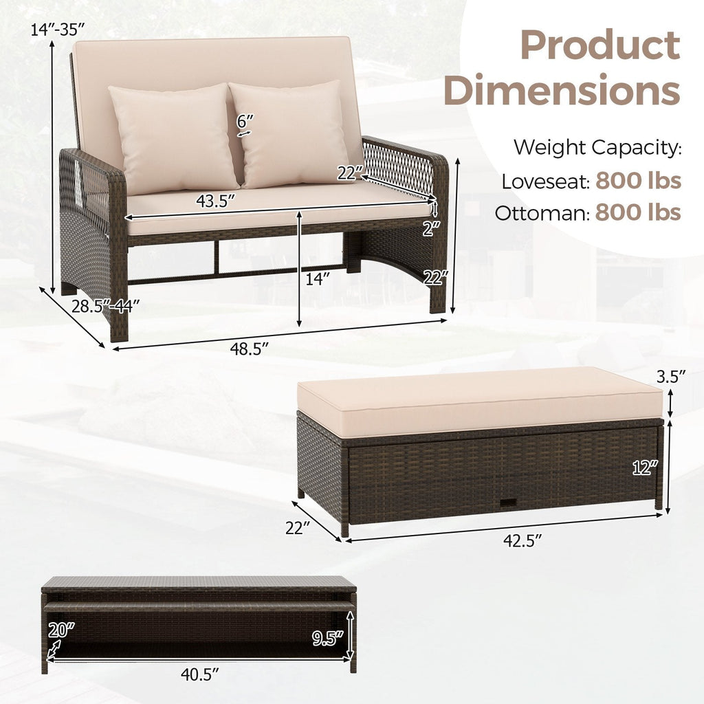 Adjustable Wicker Daybed with 4 Level Backrest and Multi Use Ottoman, Beige