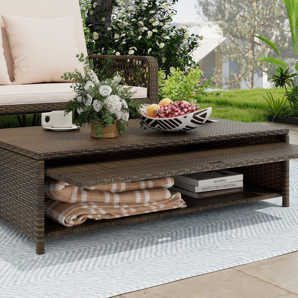 Adjustable Wicker Daybed with 4 Level Backrest and Multi Use Ottoman, Beige