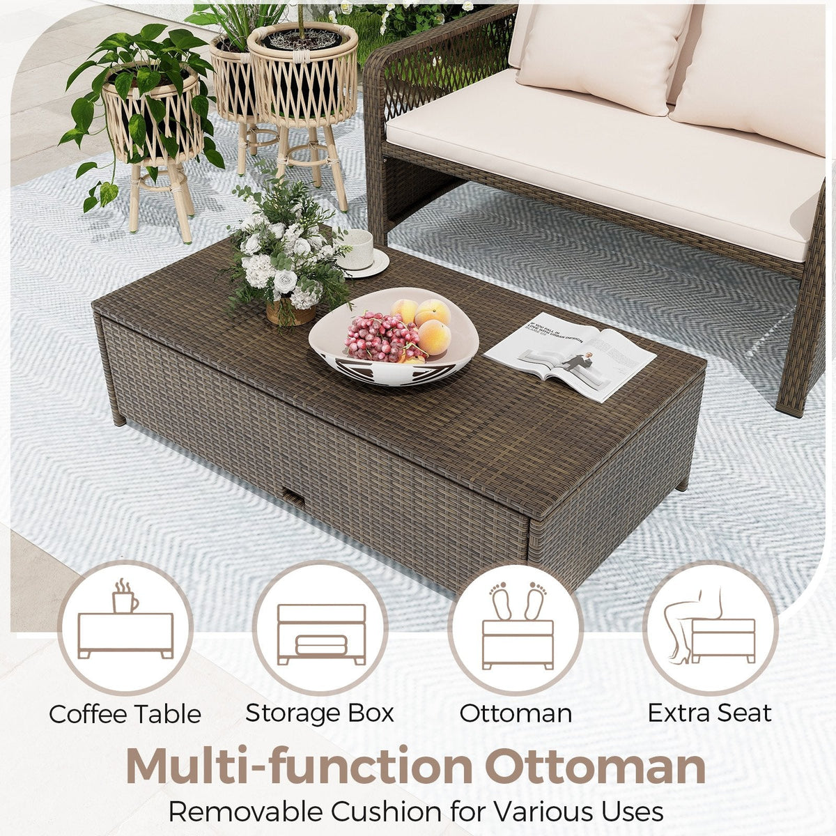 Adjustable Wicker Daybed with 4 Level Backrest and Multi Use Ottoman, Beige