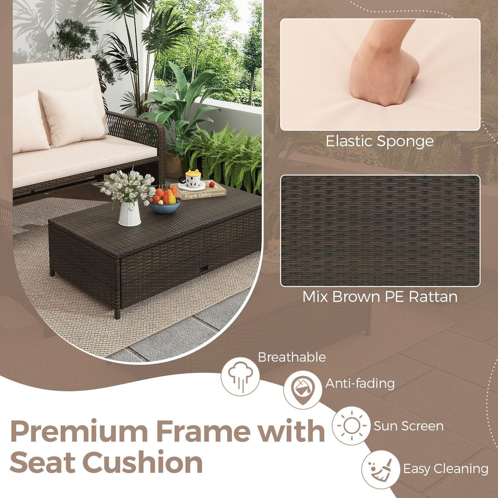 Adjustable Wicker Daybed with 4 Level Backrest and Multi Use Ottoman, Beige