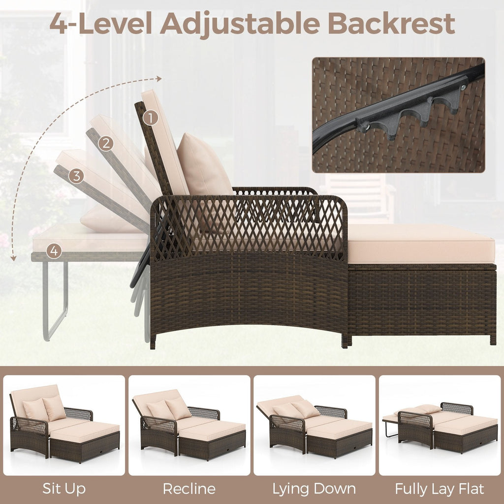 Adjustable Wicker Daybed with 4 Level Backrest and Multi Use Ottoman, Beige