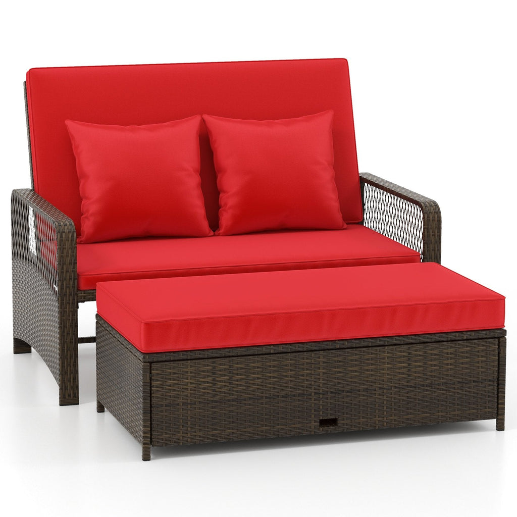 Adjustable Wicker Daybed with 4 Level Backrest and Multi Use Ottoman, Red