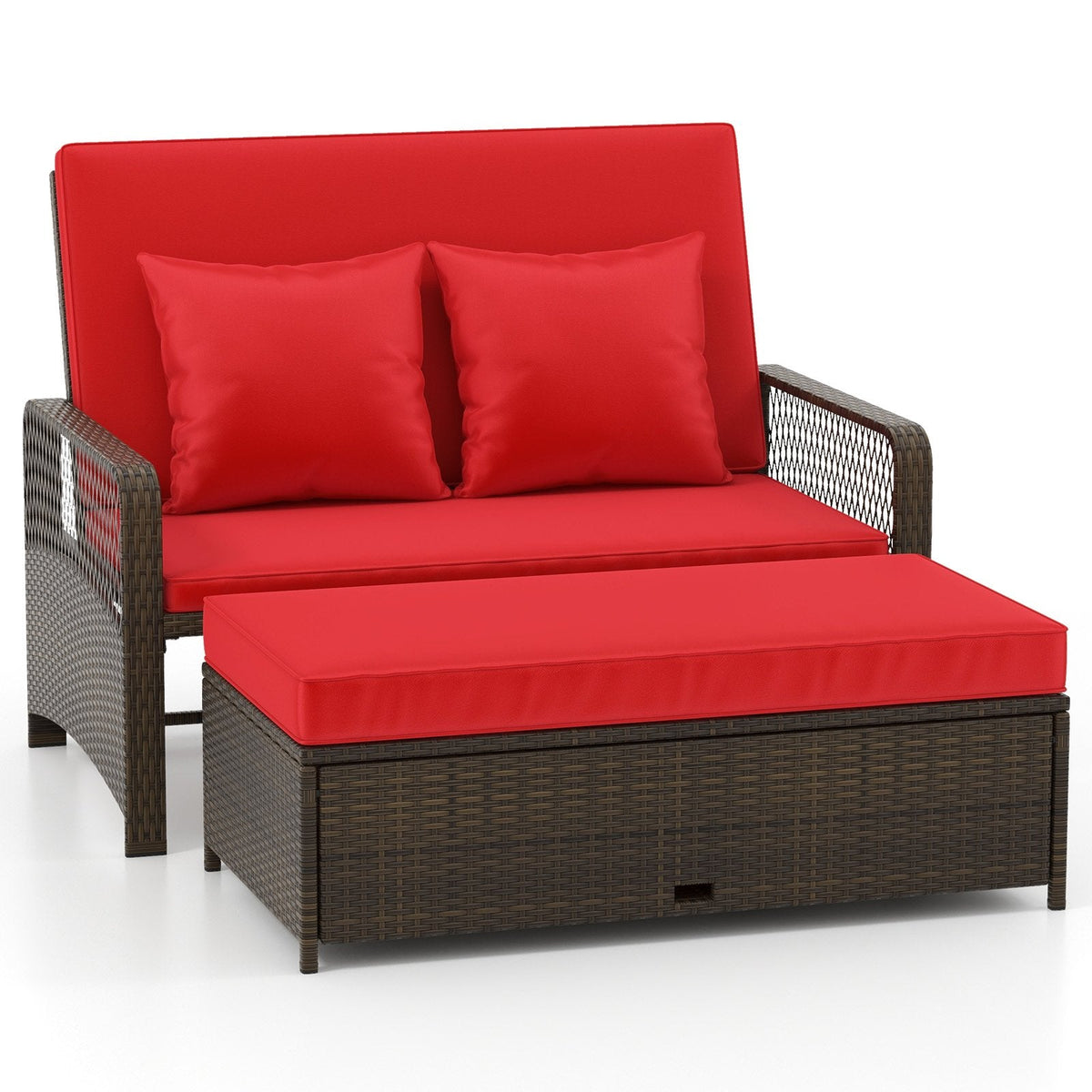 Adjustable Wicker Daybed with 4 Level Backrest and Multi Use Ottoman, Red