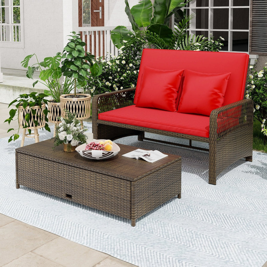 Adjustable Wicker Daybed with 4 Level Backrest and Multi Use Ottoman, Red