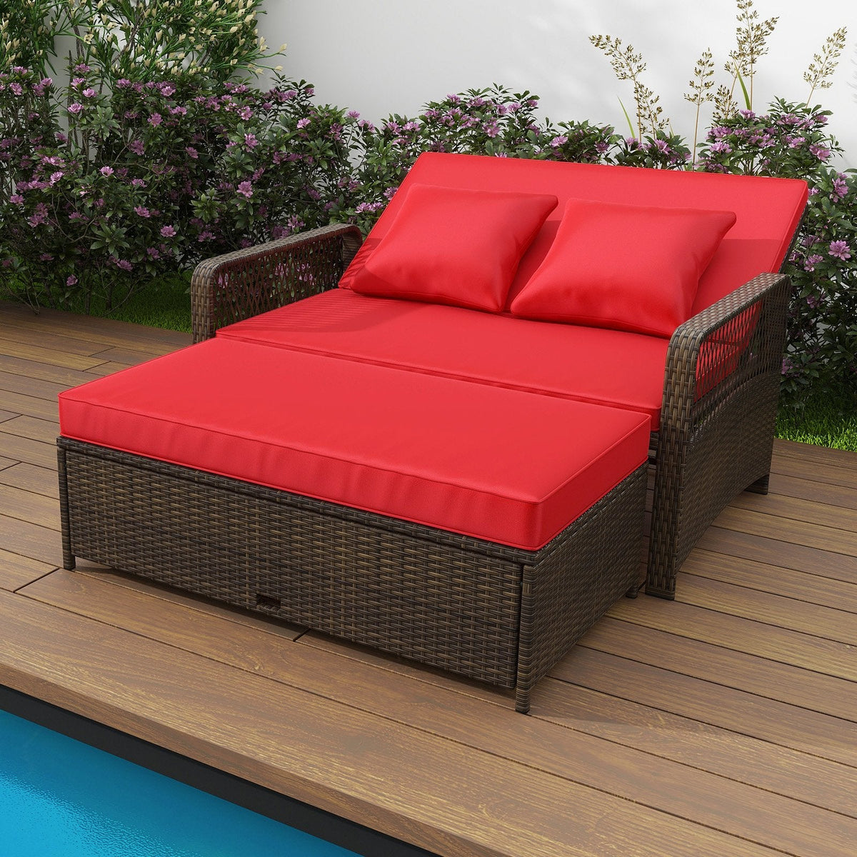 Adjustable Wicker Daybed with 4 Level Backrest and Multi Use Ottoman, Red