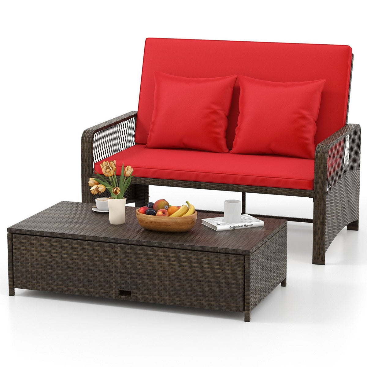 Adjustable Wicker Daybed with 4 Level Backrest and Multi Use Ottoman, Red