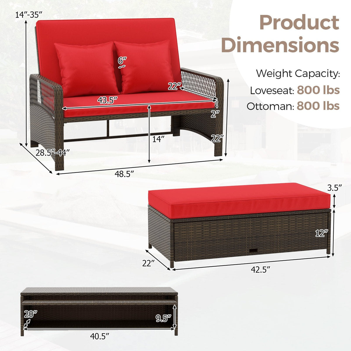Adjustable Wicker Daybed with 4 Level Backrest and Multi Use Ottoman, Red