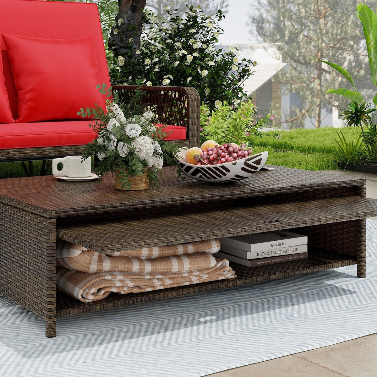 Adjustable Wicker Daybed with 4 Level Backrest and Multi Use Ottoman, Red