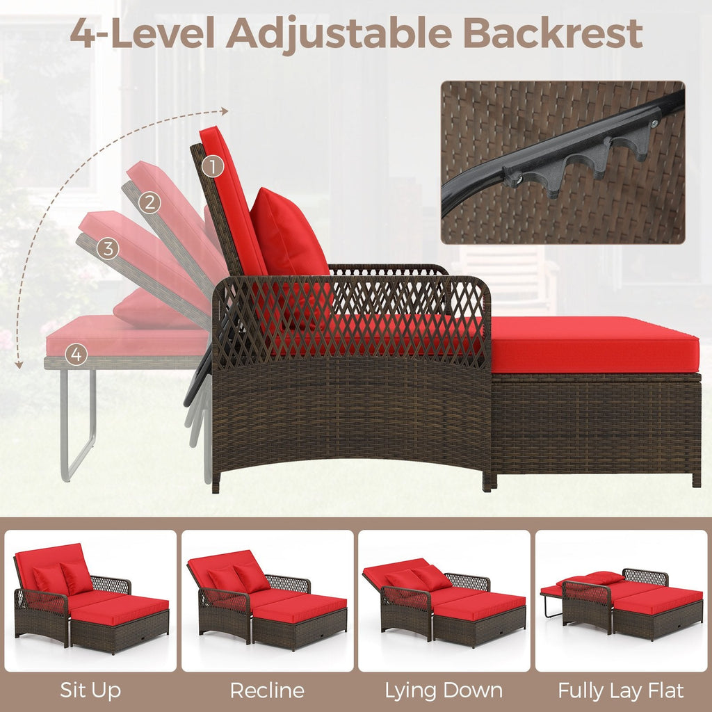 Adjustable Wicker Daybed with 4 Level Backrest and Multi Use Ottoman, Red
