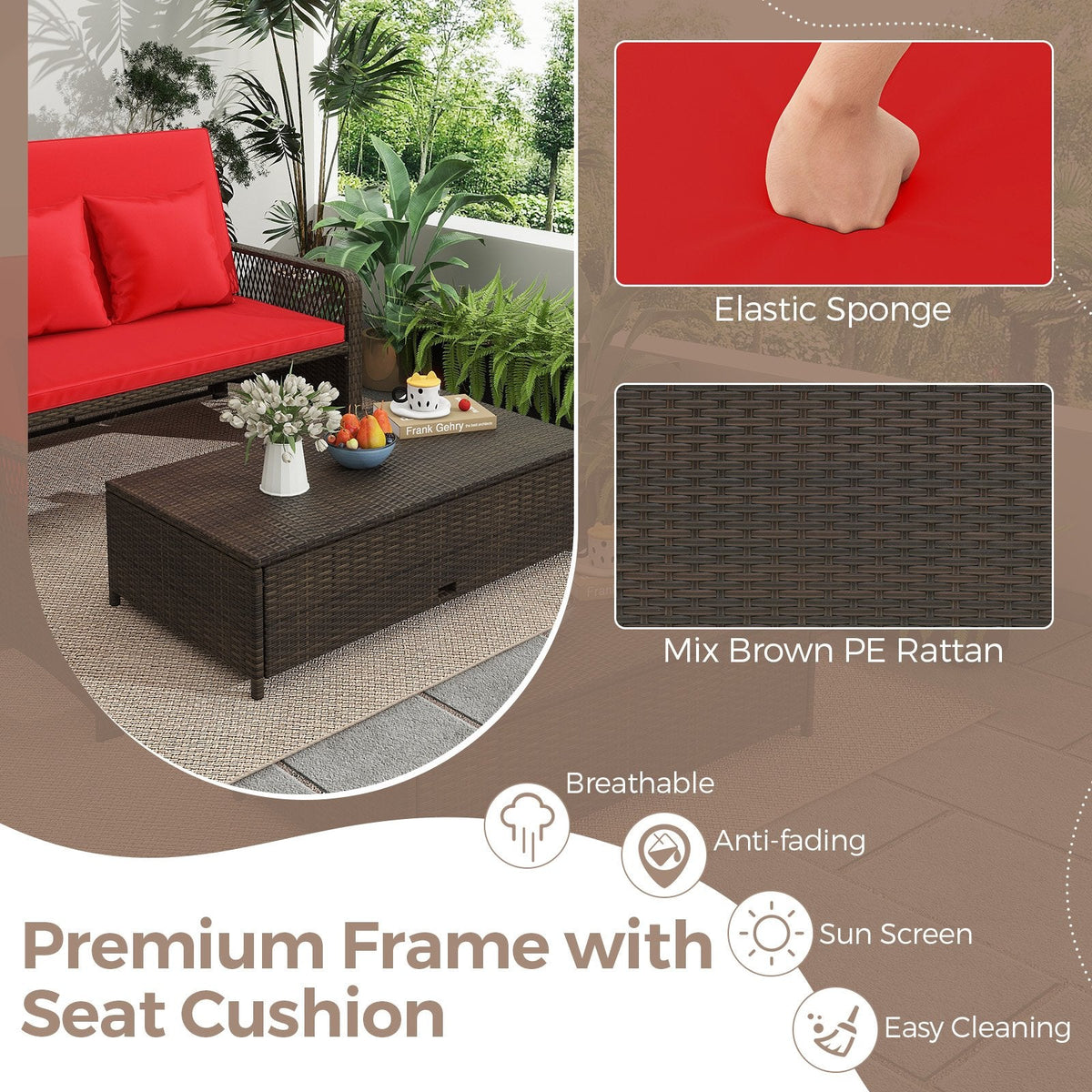 Adjustable Wicker Daybed with 4 Level Backrest and Multi Use Ottoman, Red