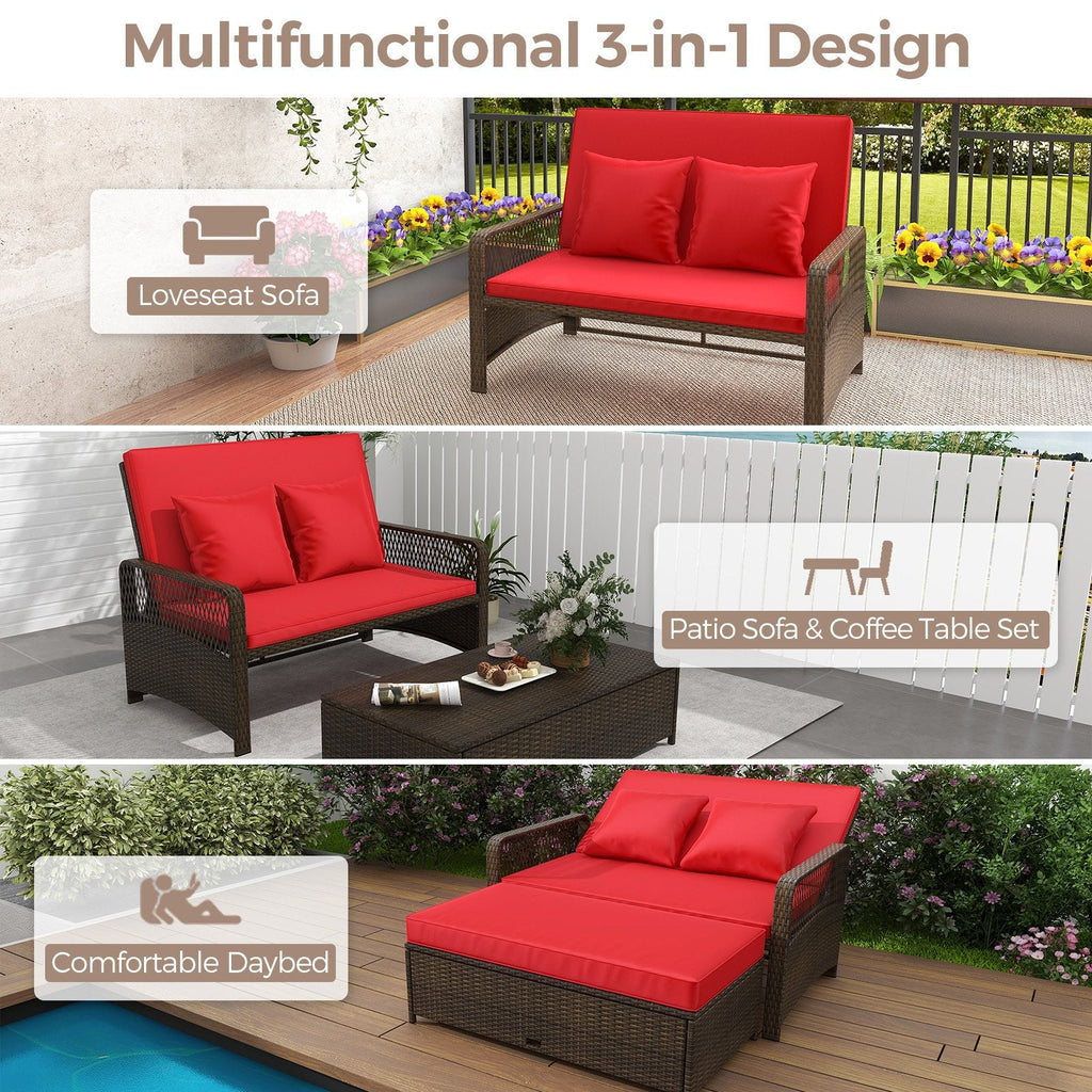 Adjustable Wicker Daybed with 4 Level Backrest and Multi Use Ottoman, Red