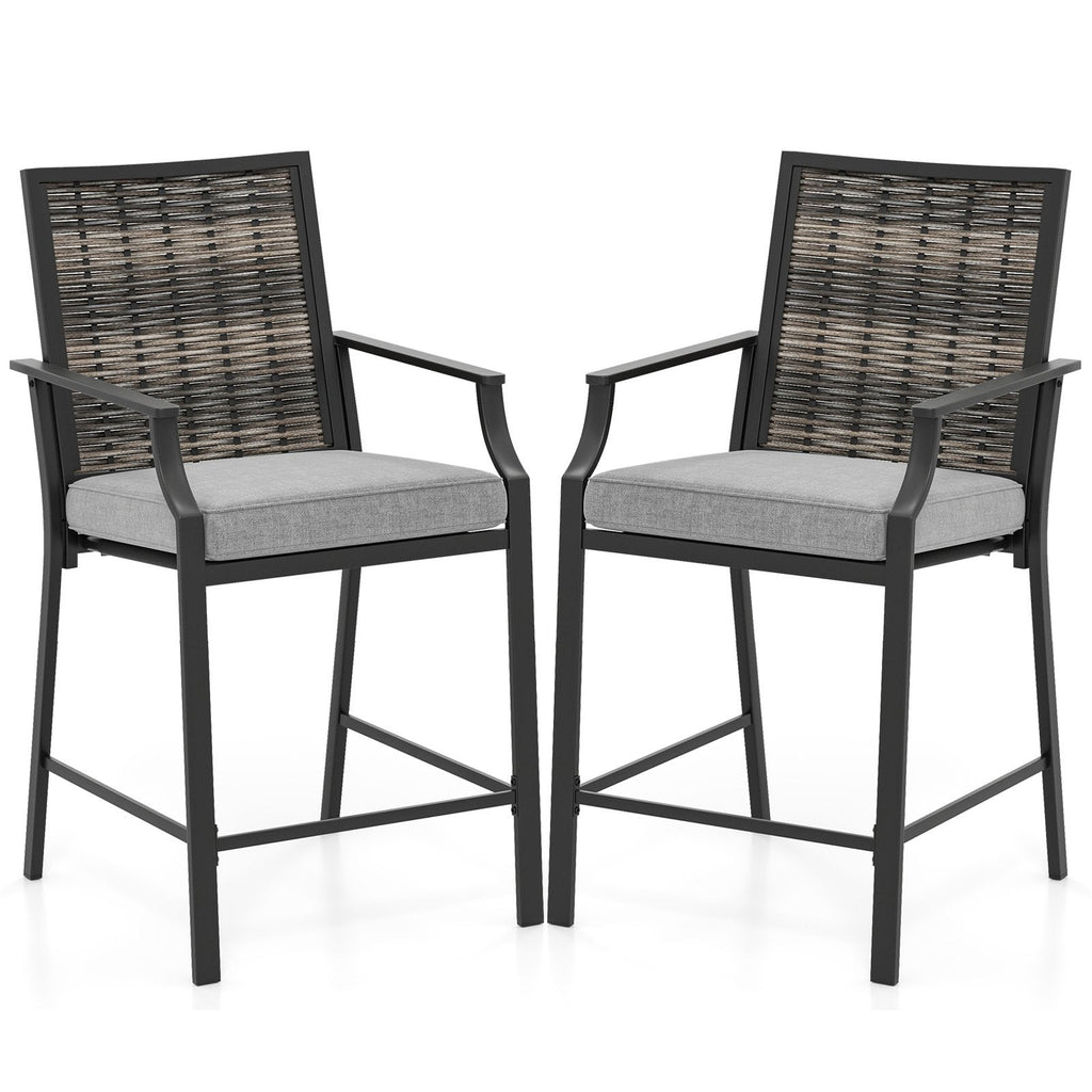 Patio Bar Stools Set of 2 Counter Height Rattan Bar Chairs with Armrest-Grey