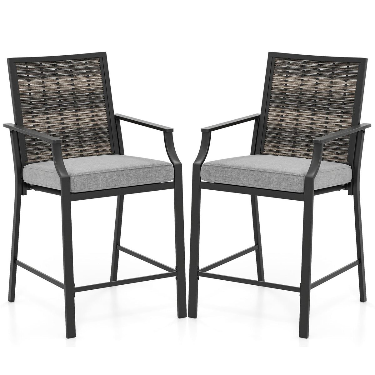 Patio Bar Stools Set of 2 Counter Height Rattan Bar Chairs with Armrest-Grey