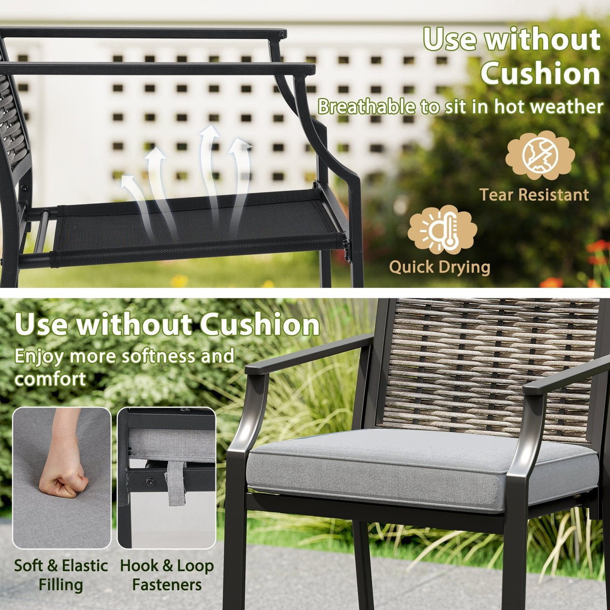 Patio Bar Stools Set of 2 Counter Height Rattan Bar Chairs with Armrest-Grey