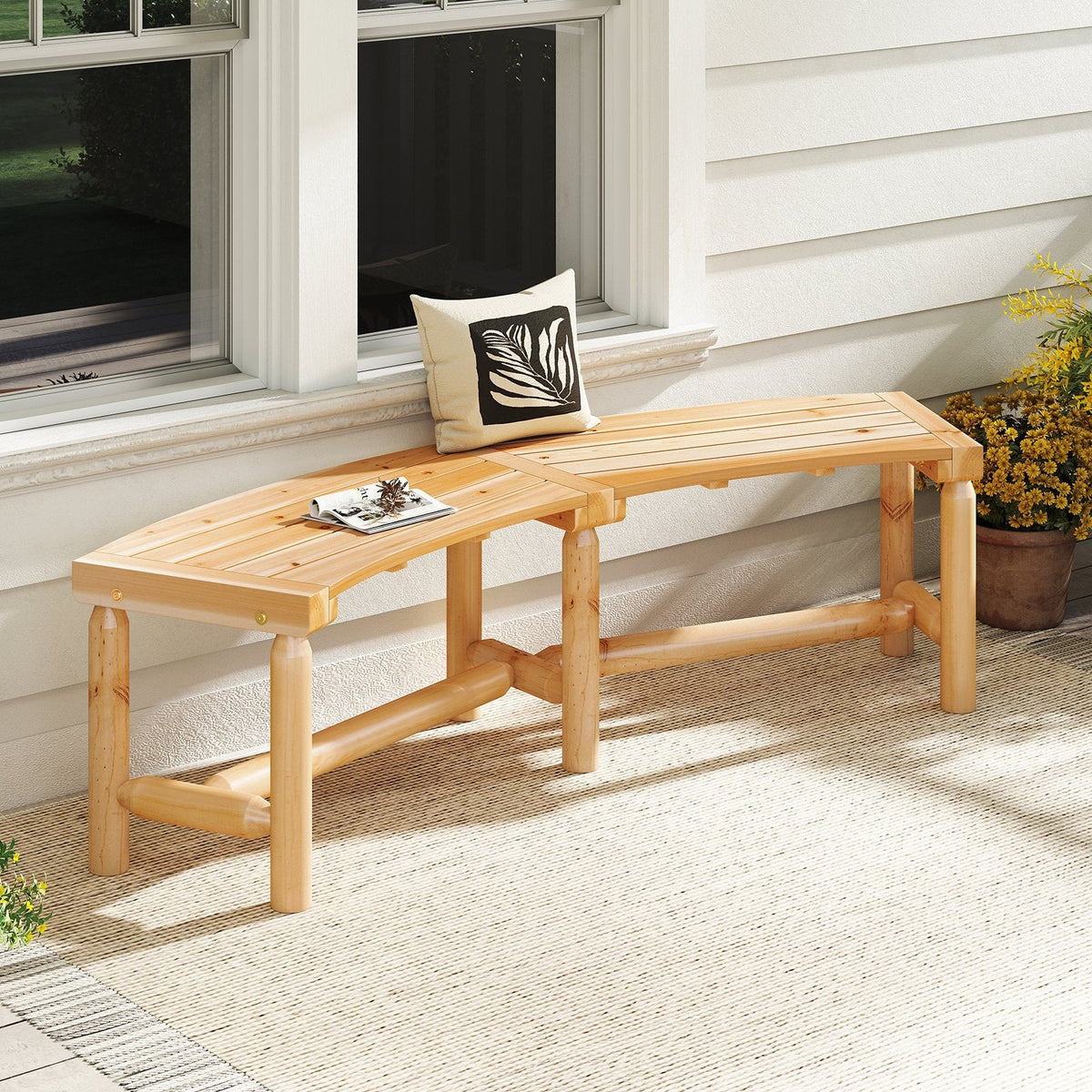 Patio Curved Bench Solid Wood Fire Pit Bench Outdoor Backless Loveseat-Natural