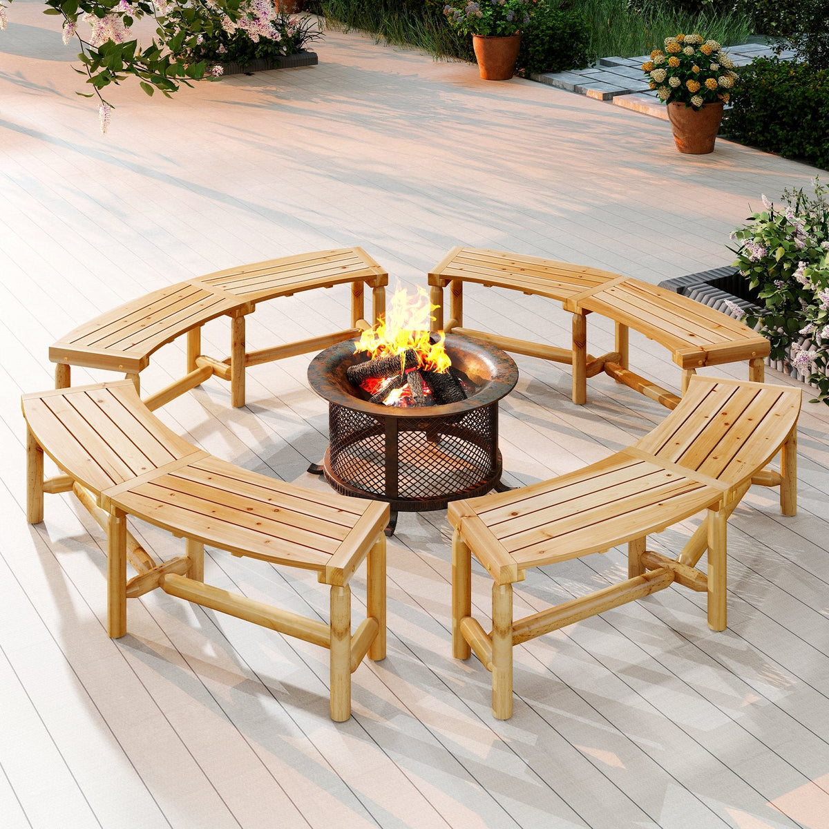 Patio Curved Bench Solid Wood Fire Pit Bench Outdoor Backless Loveseat-Natural